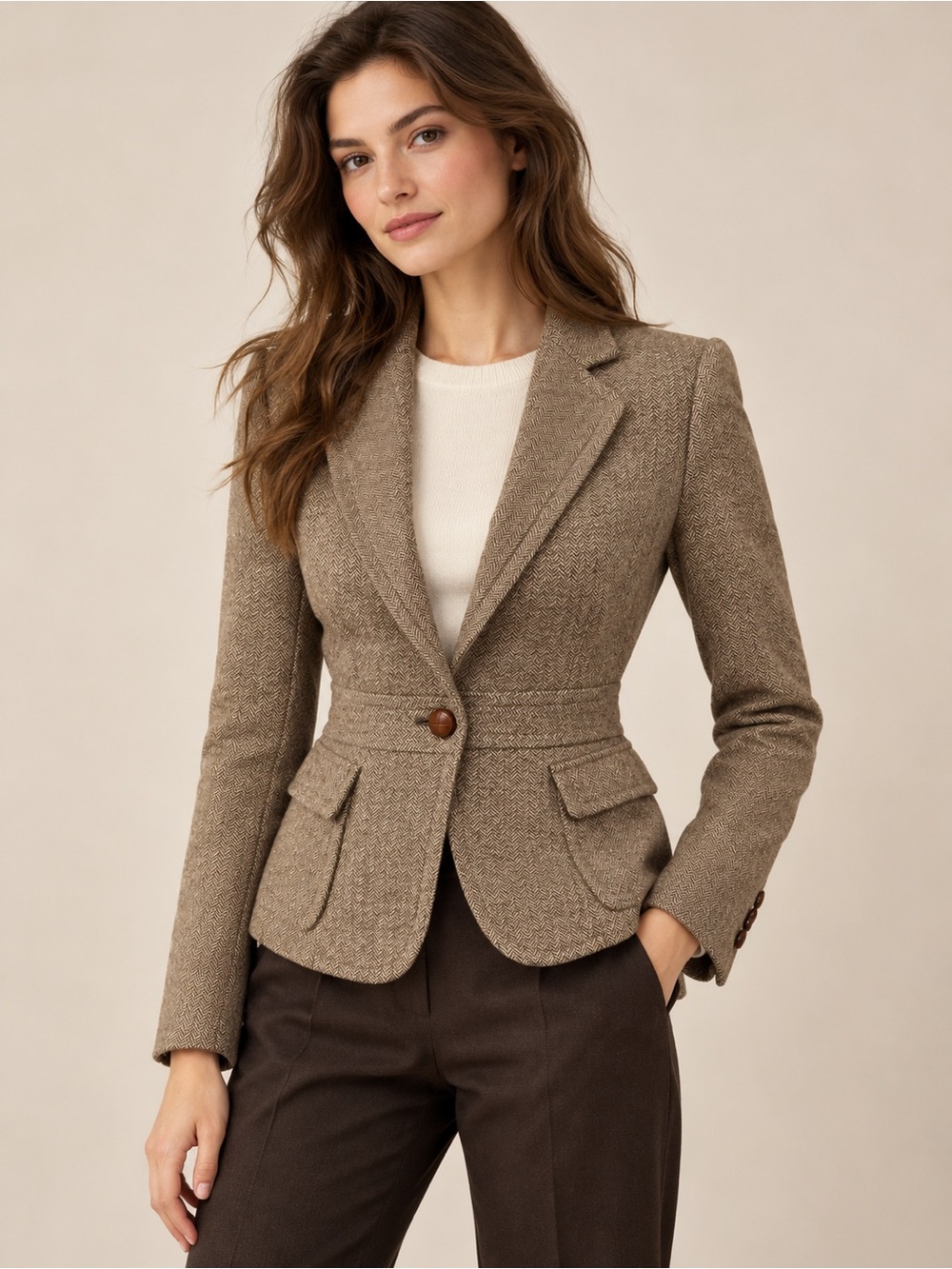 J.Crew Size 0 Brown Herringbone Wool Blend Fitted Blazer Preppy Academia